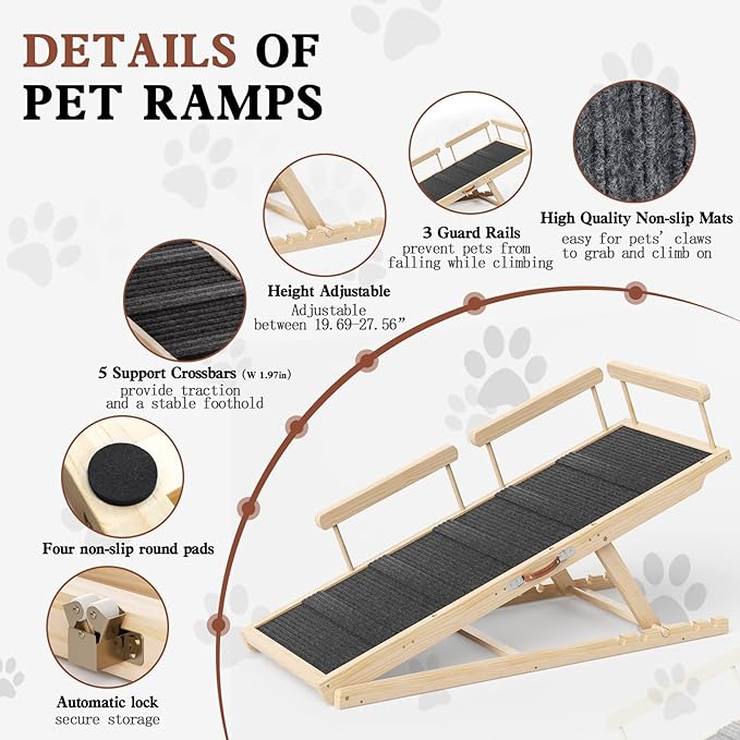 Dog Ramp for High Bed, Couch, Car, Pet Ramps 55.12" Long Adjustable 19.7"-27.6" Wooden Dog Step with High Traction Mat & Safety Side Rails for Small Medium Large Older Pets, up to 250 lbs-PawvioPets