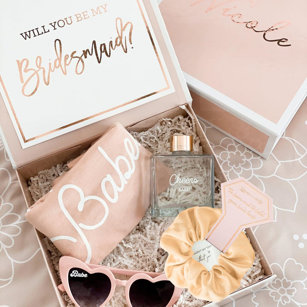 1+7 Pack Bachelorette Party Favor Retro Heart Sunglasses and Bridesmaid Scrunchies Set (Champagne)