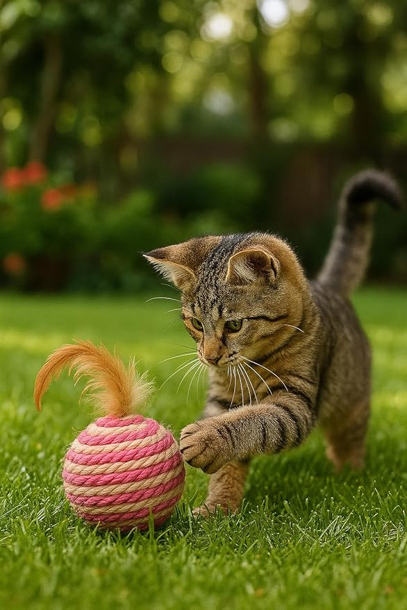 Ball for cat with Feathers - Balls for Cats – Natural Toy for Indoor Cats – Eco-Friendly, Durable, Interactive Play Balls for Kittens – Pet-Safe Chew & Scratch Toys (Red)-PawvioPets