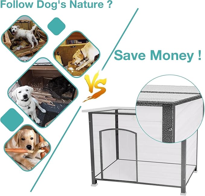 Feral Dog House Outdoor,Anti Bite Iron Frame Dog Kennel,Wood Warm Pets Home,Insulated Weatherproof Outside Shelter for Feral Animal (43.3" (L) x 29.4" (W) x 33.4" (H)-Grey-in)-PawvioPets