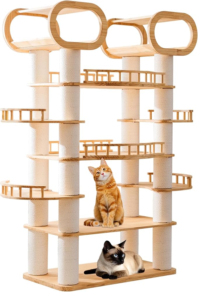 76.8'' Modern Cat Tree, Tall Cat Tower for Indoor Cats, Pine Wood Climb Tower with 2 Removable Mats, Heavy Duty Cat Furniture with Fully Wrapped Scratching Post, Huge Cat Condo for Multi-Cat Families-PawvioPets