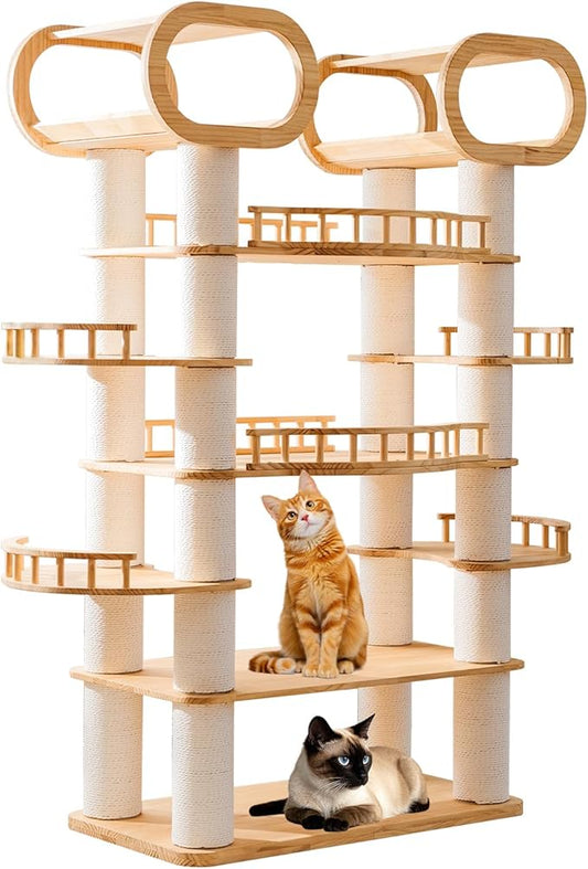 76.8'' Modern Cat Tree, Tall Cat Tower for Indoor Cats, Pine Wood Climb Tower with 2 Removable Mats, Heavy Duty Cat Furniture with Fully Wrapped Scratching Post, Huge Cat Condo for Multi-Cat Families-PawvioPets