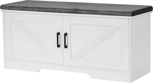 2-Tier Storage Bench, Shoe Bench with Padded Seat Cushion, Entryway Bench with 2 Barn Doors, Adjustable Shelf, 13.8" D x 39.4" W x 17.7" H, for Entryway, Living Room, Bedroom, White-PawvioPets