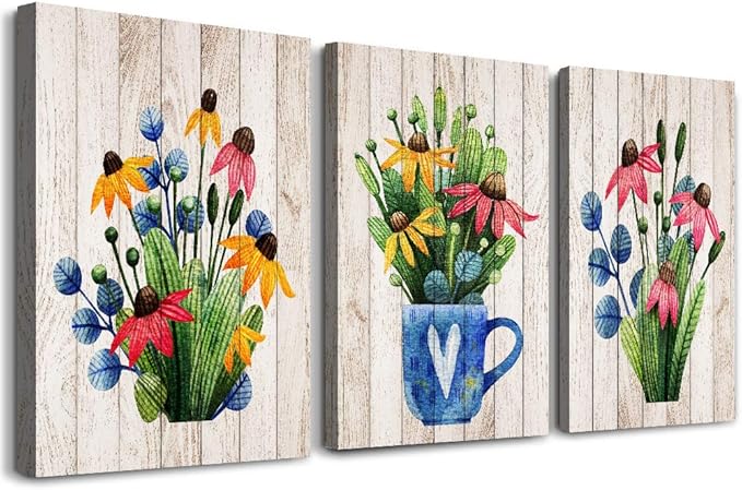 Canvas Wall Art For Kitchen Wall Decoration For Living Room Wall Decor For Bedroom Room Decor Vintage Wood Grain Plant Flowers Wall Painting Office Wall Pictures Artwork Home Decor 16" X 24" 3 Piece-PawvioPets
