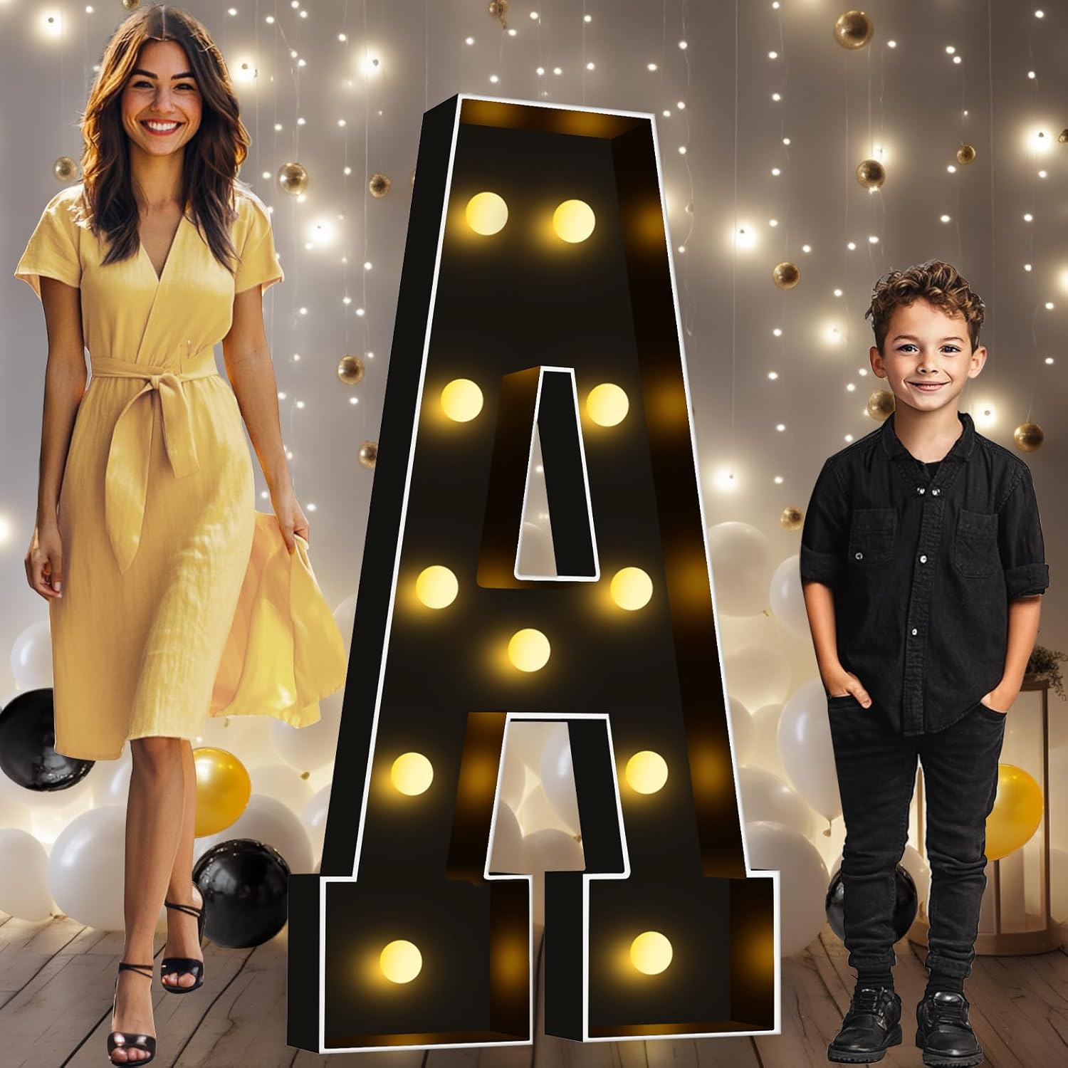 Pooqla 4 FT Marquee Light Up Letters, Giant Sign Black Marquee Letter Lights, 4 Feet Tall Big Mosaic Letters for Balloons Birthday Party Anniversary Wedding Decorations, Warm White A