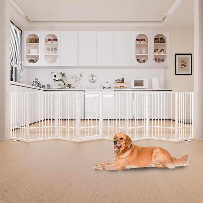 Full Metal Freestanding Dog Gate with Door, 36''Height Foldable Pet Dog Fence for Indoor & Outdoor, 8 Panels Extra Wide Free Standing TallDog Gates for Doorways,House,Stairs,Porch,Deck,Yard-PawvioPets