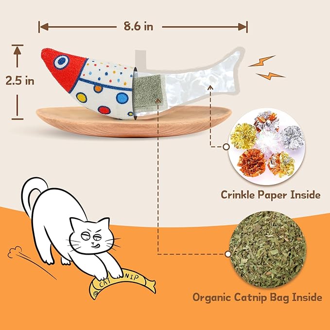 Cat Fish Catnip Toys for Cats, Pet Chew Toy for Bored Indoor Adult Cats, Crinkle Cat Kicker Toy for Indoor Kittens-PawvioPets