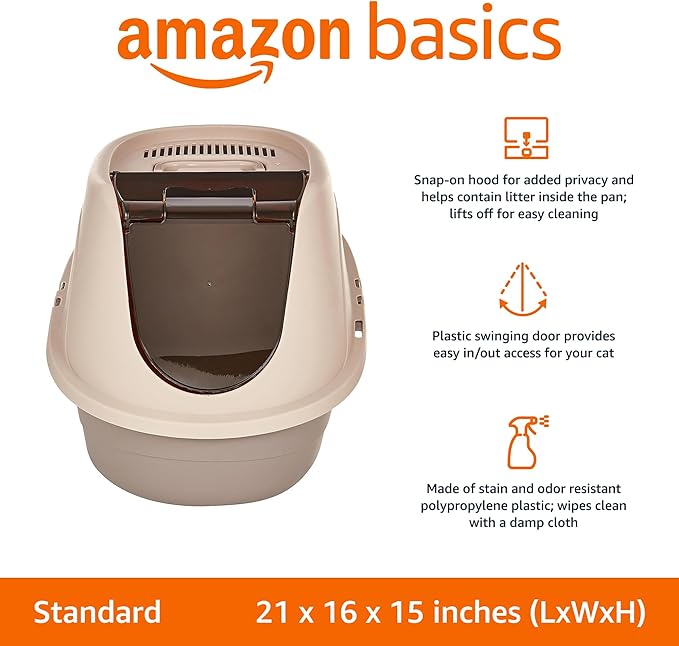 Amazon Basics No-Mess Hooded Cat Litter Box, Standard, Multicolor, 21 in x 16 in x 15 in-PawvioPets