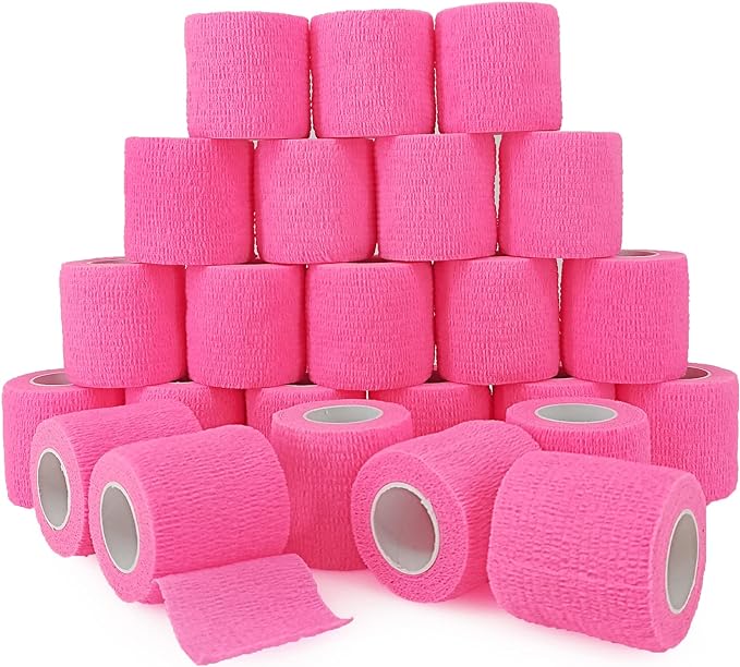 24 Rolls Pink Elastic Self Adhesive Bandage Wrap, Breathable Flexible Fabric Non Woven Cohesive Bandage, Ankle Sprains Swelling Medical First Aid Sports Athletic Tape, Dogs Pet Vet Wrap 2 in x 5 Yards-PawvioPets