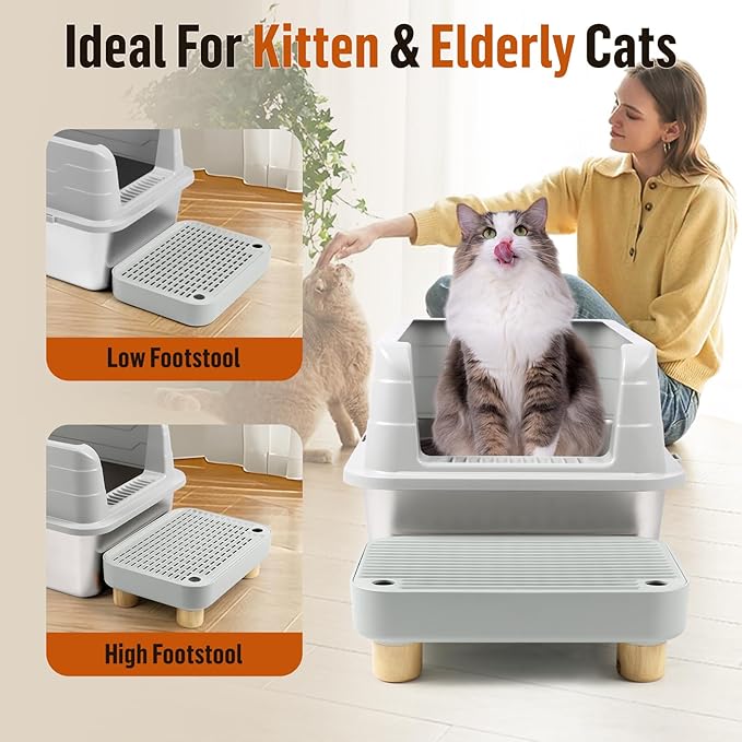 Cat Litter Box Step Ramp, Cat Litter Catcher Mat with Wooden Feet, Filter Function, Cat Pedal Stool for Self-Cleaning Cat Litter Box, Ideal for Kitten & Elderly Cats (Light Grey)-PawvioPets