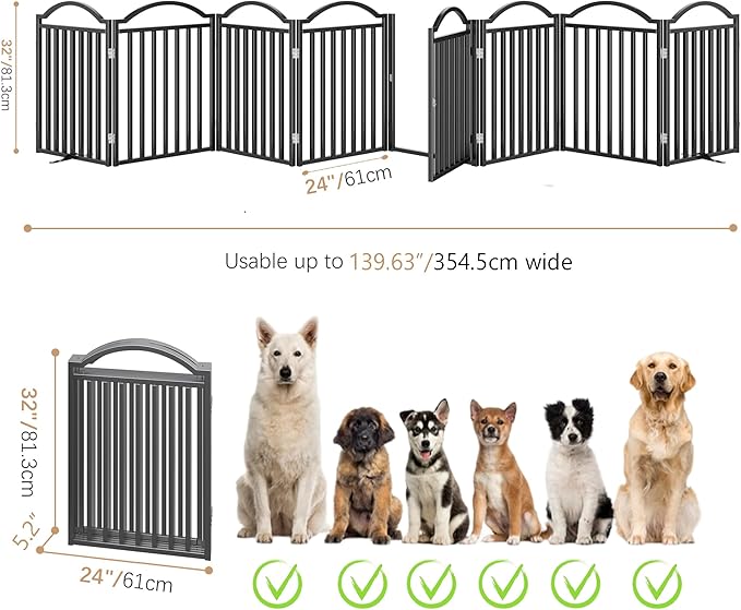 BHG Metal No-Assembly Freestanding Dog Gate with Door Walk Through, Extra Wide 96", Extra Tall 32" Pet Gate, Accordion Puppy Folding Playpen Dog Fence, with 2PCS Support (Black, 8 Panels)-PawvioPets
