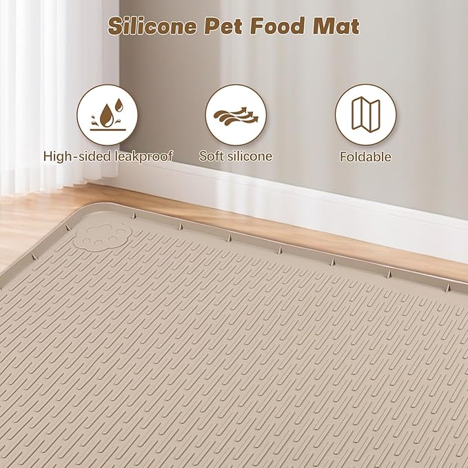 Cat Food Mat, 40" x 28" Extra Large Silicone Pet Feeding Mat with Raised Edge Pet Placemat for Food and Water Bowl Non-Slip, Easy to Clean, Floor Protection (Khaki)-PawvioPets