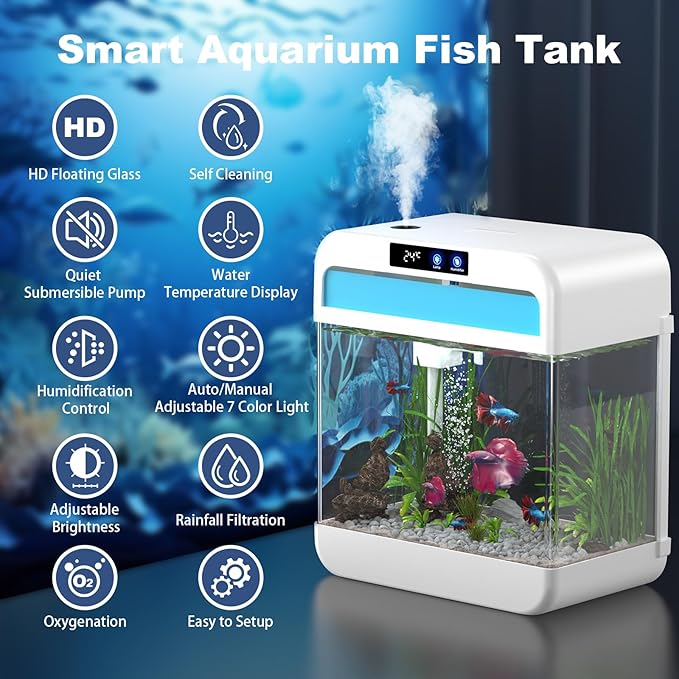 Fish Tank Aquarium 2.2 Gallon with 7 Color Auto-Looping Light, Fish Bowl with Humidifier 3 in 1 Pump - Filteration & Oxygenation & Circulation, Temperature Display, HD Float Glass, Thickened Base-PawvioPets