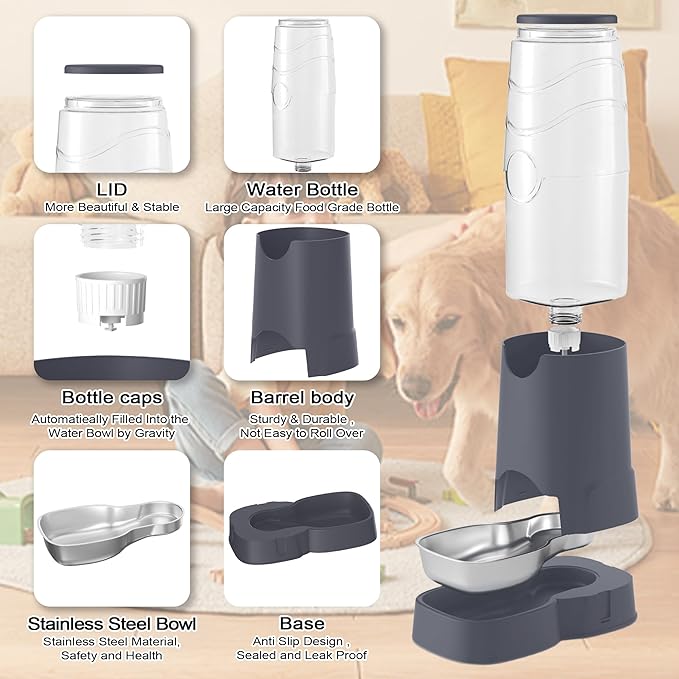 8L Automatic Pet Waterer,Gravity Stainless Steel Water Feeder,Gravity Pet Water Dispenser,Large Capacity Waterer with Stainless Steel Bowl for Medium and Large-Sized Cats and Dogs(8L,Grey)-PawvioPets