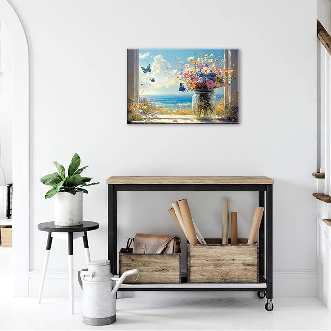 Beach Floral Bathroom Pictures Wall Art, Colorful Flower Bathroom Wall Decor, Coastal Ocean Framed Painting Canvas Artwork for Bedroom Living Room Decorations 24"L x 16"W-PawvioPets