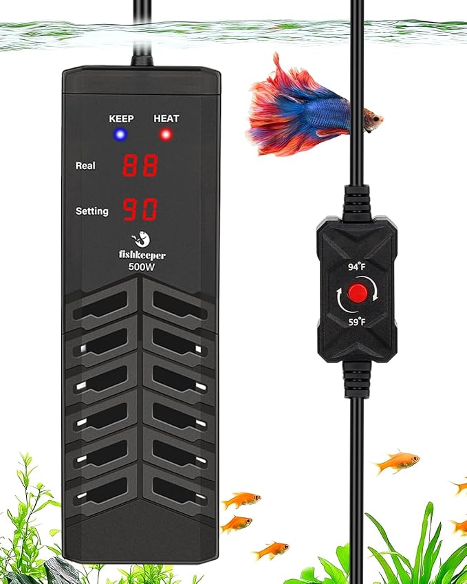 fishkeeper 500W Submersible Aquarium Heater – Ultra-Safe Digital Fish Tank Heater for 53-130 Gallon, Leaving Water Auto Power-Off, PID Intelligent Fast Heating, 59°F-93°F Accurate Temperature Control-PawvioPets
