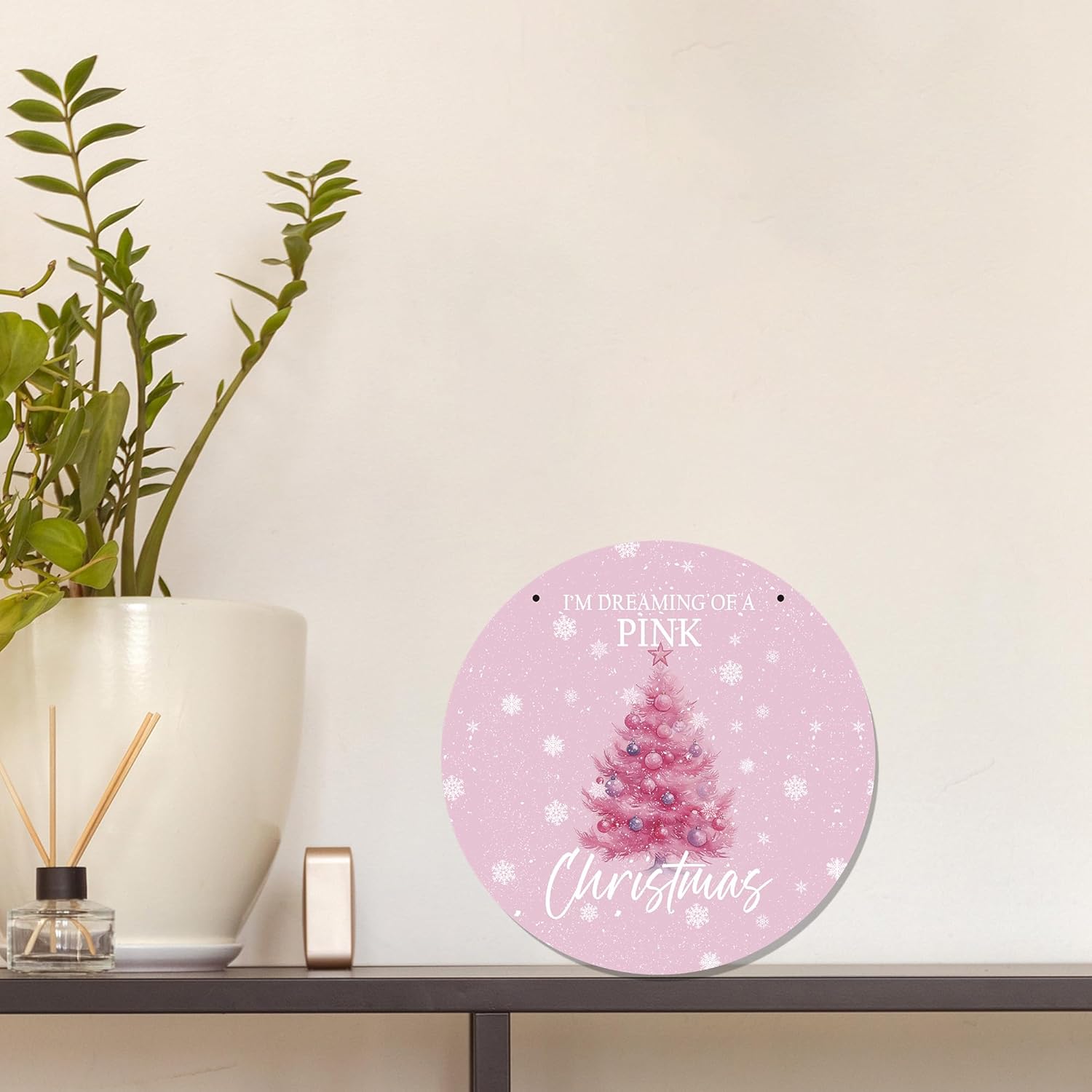 CGBHW Pink Christmas Tree Wooden Sign, Winter Holiday Theme Hanging Sign Wall Decor for Girls Room Home College, Aesthetic Christmas Xmas Snowflake Door Decor 12 x 6 Inch