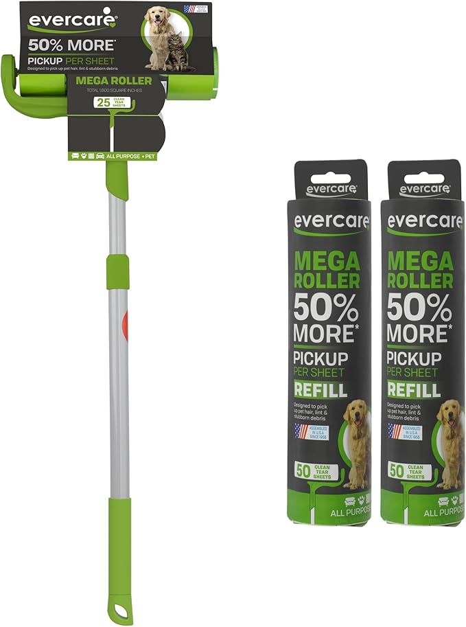 Evercare Pet Mega Lint Roller Value Pack with Two 50-Sheet Refills - Includes Refillable Lint Roller, Adhesive Sheets, Versatile Cleaning Uses, Home and On-The-Go Use, Extendable Handle-PawvioPets