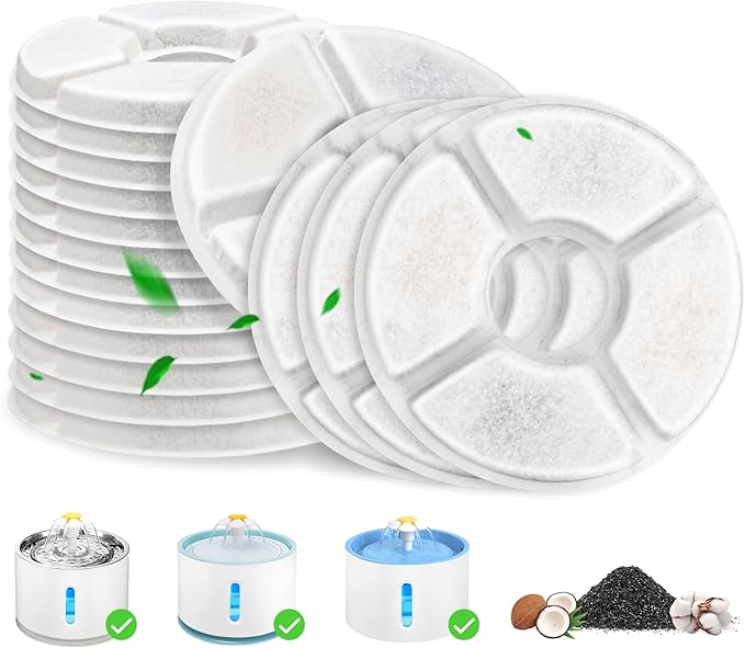 Cat Fountain Filter, 16 Pcs Cat Water Fountain Filters Replacement, 3-Filtration System Round Carbon Filters Compatible with 81oz / 2.4L Round Automatic Pet Dog Water Fountain Dispenser-PawvioPets
