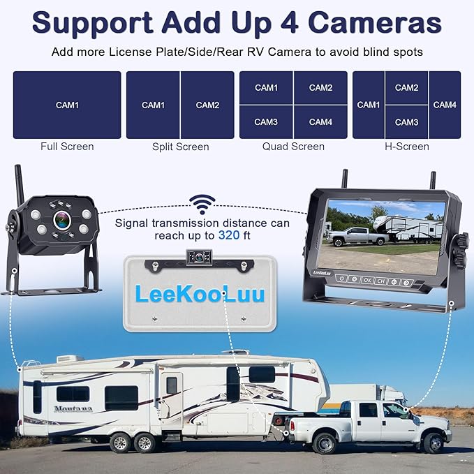 Dual RV Backup Cameras Wireless - Ease Install Plug-Play Recording HD 1080P 7'' Touch Key Monitor Trailer Truck Rear View Cam Night Vision Signal No-Delay 4 Channels for Furrion Pre-Wired Mount-PawvioPets