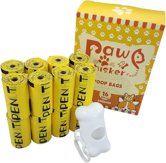 Dog Poop Bag, Biodegradable, Waste Bags with Dispensers, Guaranteed Leak Proof and Extra Thick, Certified Home Compostable, Plant-Based Dog Waste Bags, Eco-Friendly, 240 counts 16 rolls (Yellow, 16)-PawvioPets