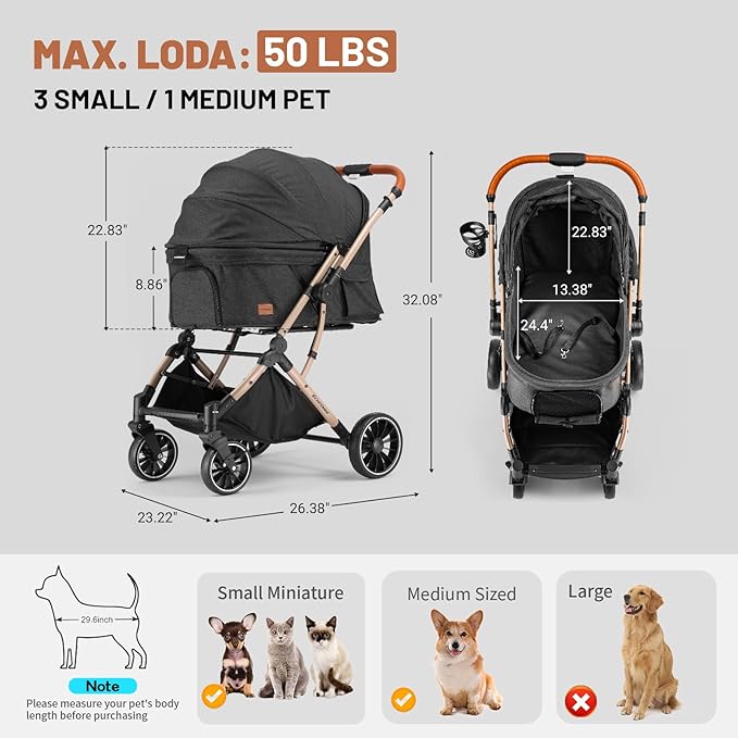 EchoSmile Small Medium Dogs Stroller 4-Wheel Pet Strollers for Medium Dogs Up to 50lbs, One Click Folding Large Cat Stroller, Reversible Handle, Shock Absorbing Wheels, Removable Washable Pad-PawvioPets
