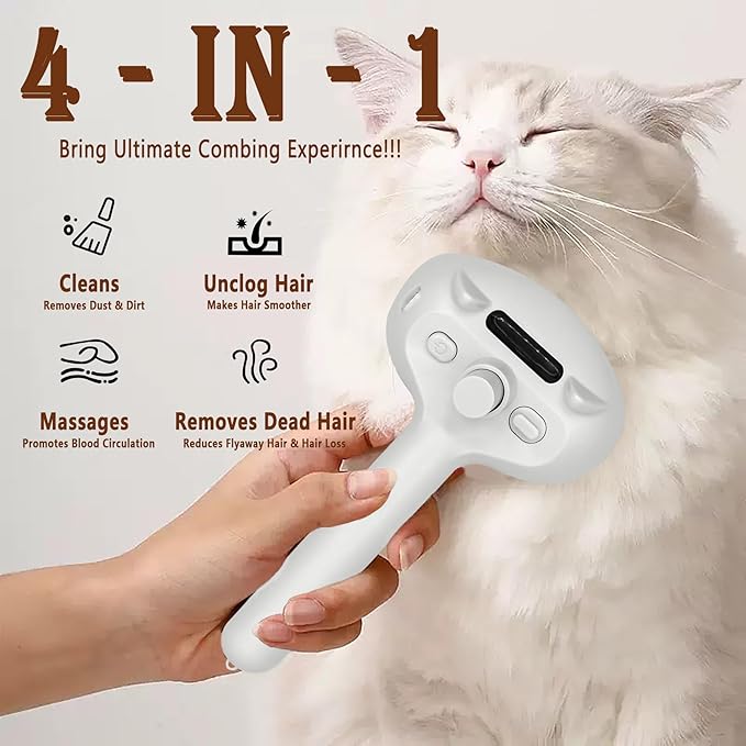4 in 1 Cat Steam Brush, Self Cleaning Steamy Pet Brush, Anti Static Pet Spray Hair Removal Comb for Removes Loose Hair and Reduces Shedding-PawvioPets