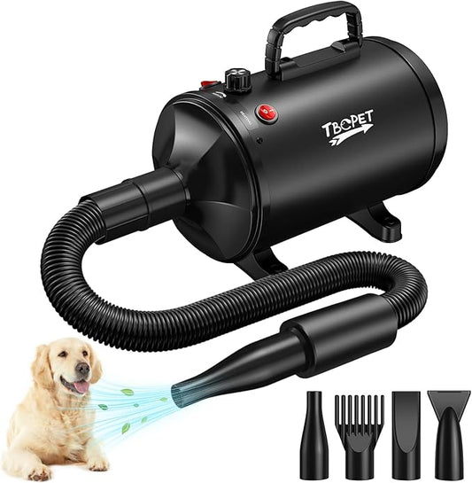 Dog Dryer High Velocity Dog Hair Dryer with 4 Nozzles 5.2HP/3800W (Professional Super Cyclone), Stepless Adjustable Speed Temperature Dogs Grooming Blow Dryer with Heater for Pets Hair Dryer, Black-PawvioPets