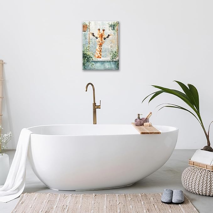 Bathroom Funny Giraffe Pictures Wall Art, Watercolor Giraffe Bathroom Wall Decor, Animal Framed Painting Canvas Artwork for Living Room Decorations 16"L x 12"W-PawvioPets