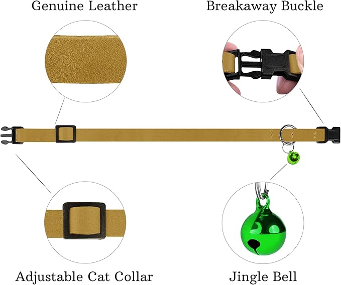 Breakaway Cat Collar Leather with Removable Bell - 13 Colors Available - Soft Adjustable Girl Boy Safety Lightweight Pet Kitten Collars Pink Brown Blue Green Red Orange Black (Mustard)-PawvioPets
