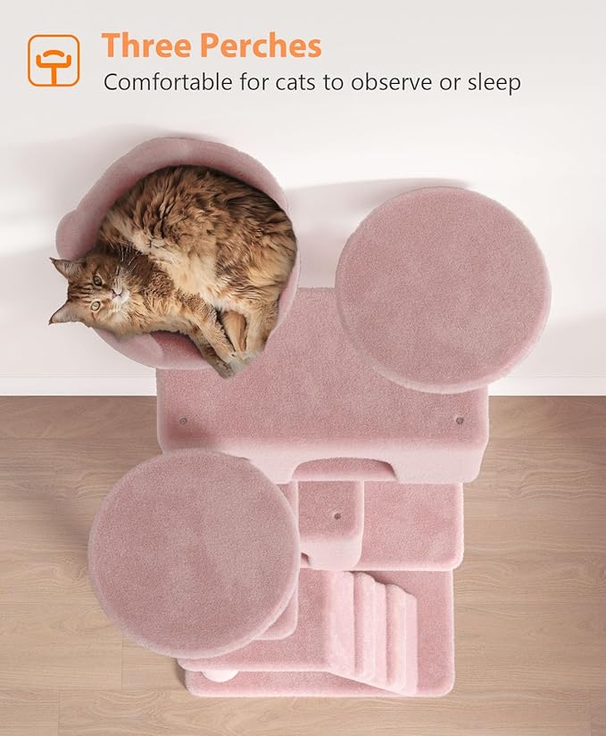 77'' Cat Tree Tower for Indoor Cats Large Adult, Cute/Tall Modern Cat Tree for Big Cats 20 lbs, Plush Multi-Level Cat Condo with Scratching Posts,Dangling Ball (Soft Pink, 77 inch)-PawvioPets