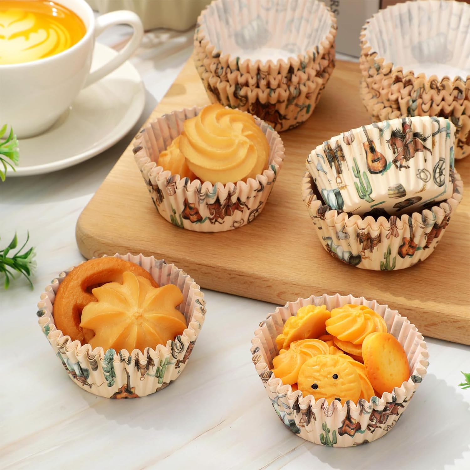 Whaline 300Pcs Western Cowboy Cupcake Liners Western Theme Paper Baking Cup Retro Wild West Cowboy Horse Muffin Liner Wrapper 2 x 1.2 Inch Cake Storage Container for Baby Shower Birthday Party