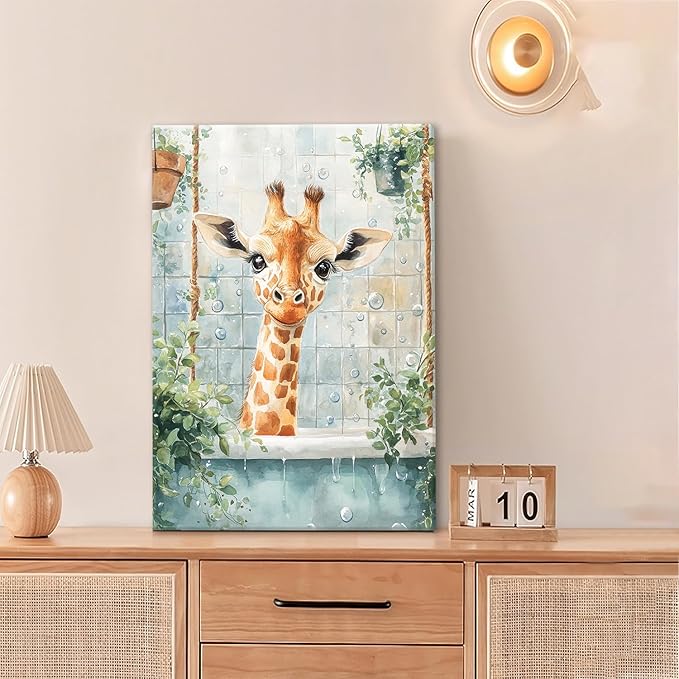 Bathroom Funny Giraffe Pictures Wall Art, Watercolor Giraffe Bathroom Wall Decor, Animal Framed Painting Canvas Artwork for Living Room Decorations 24"L x 16"W-PawvioPets