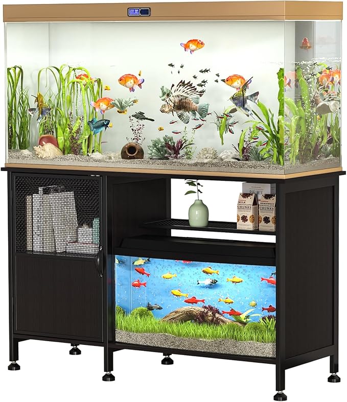 Fish Tank Stand, Modern Aquarium Stand with Built-in Cabinet and Shelves - Sleek Black Iron and Wood Grain Design for Stylish Home Décor（ 51.97" x W 19.69" x H 31.5"） Black-PawvioPets