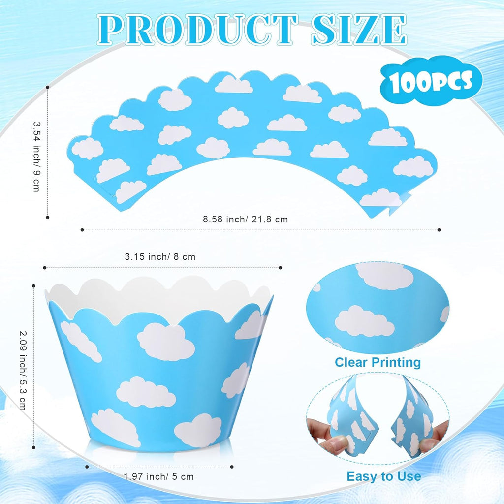 Domensi 100 Pcs Sky Clouds Blue Party Cupcake Wrappers Cloud Cupcake Liners Baking Cups Baking Liners for Spring Summer Wedding Bridal Baby Shower Birthday Party Supplies Dessert Decoration