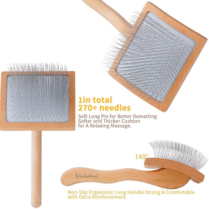 Ergonomic Slicker Brush for Long-Haired Dogs - Wooden Handle, Long Pins for Grooming Goldendoodles-PawvioPets