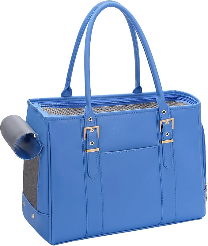 Fashion Pet Carrier Dog Purse Cat Bag Soft-Sided Carriers Travel Airline Approved, Stylish Leather Tote Handbag for Small Animal Puppy Kitten (Blue)-PawvioPets