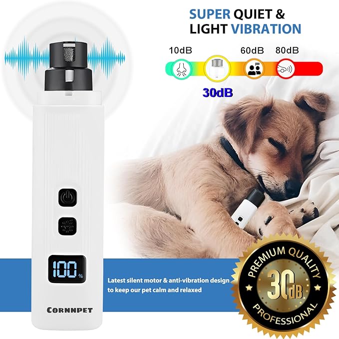 Dog Nail Grinder - 2-Speed Super Quiet and Low Vibration Electric Pet Nail Grinder - Rechargeable Dog Nail Trimmers for Small Dogs- Cat Nail Claw Clippers with 2 Level LED Lighting(White)-PawvioPets
