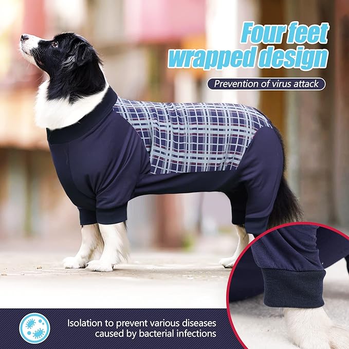 Dog Recovery Suit, Abdominal Wound After Surgery Wear, Anti Licking Bodysuit with Zipper, E-Collar & Cone Alternatives, Plaid Dog Spay Surgical Shirt Prevent Shedding(2XL, Blue)-PawvioPets