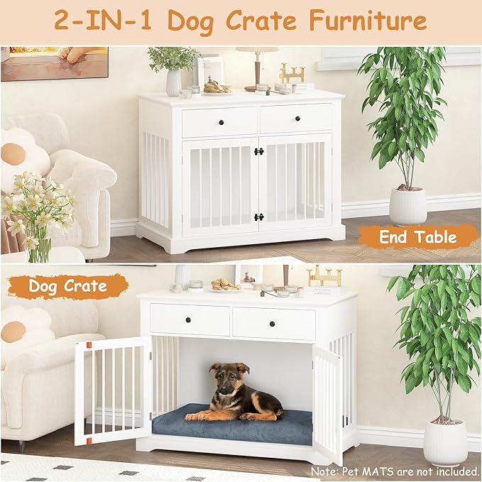 Dog Crate Furniture, 44 Inch Wooden Dog Kennel Indoor with 2 Storage Drawers, Heavy Duty Large Crate Furniture, Decorative End Table Cage Furniture for Small/Medium/Large (White)-PawvioPets