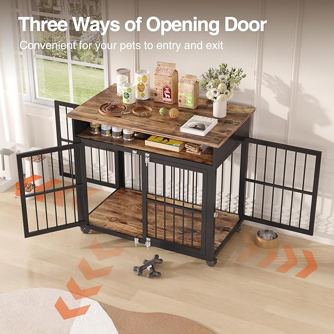 39.4" Dog Crate Furniture for Medium and Large Breed, Dog Kennel Furniture with Storage Shelf & Lockable Wheels, Heavy Duty Wooden End Side Table Pet Cage Indoor, Chew-Resistant, Brown-PawvioPets