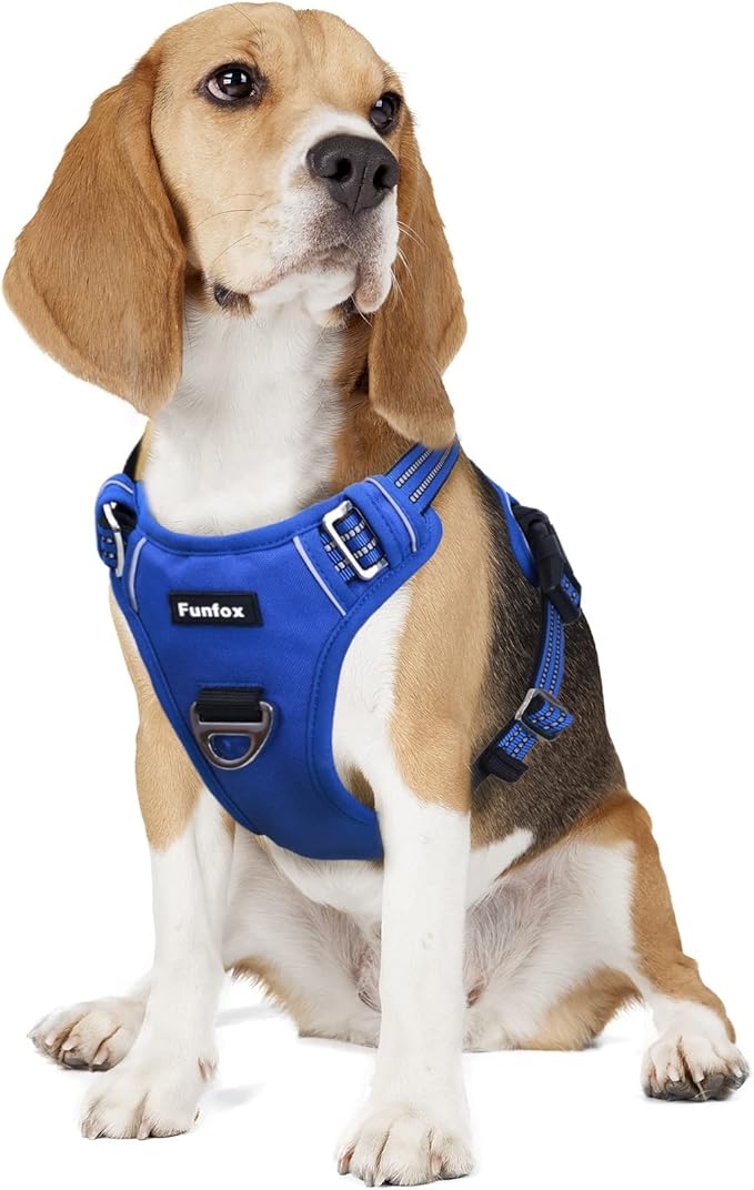 Funfox Dog Harness No Pull, Adjustable Pet Vest Harness, Super Soft Material with Vertical Handle Easy Control, Reflective Night Walking, 2 Leash Clips for Medium Sized Dogs, Blue, M-PawvioPets