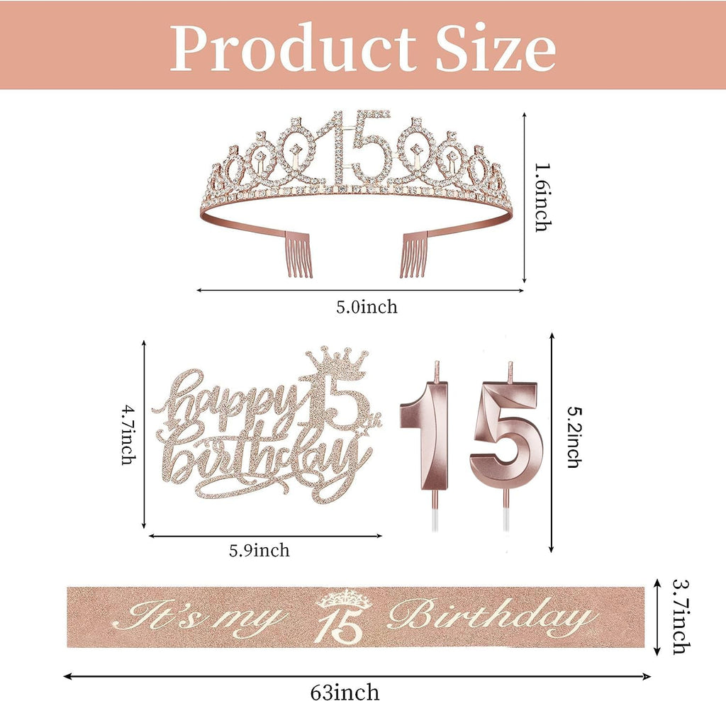 15th Birthday Decorations for Girls, Including Sash, Crown/Tiara, Candles, Cake Toppers. 15th Birthday Gifts for Girls