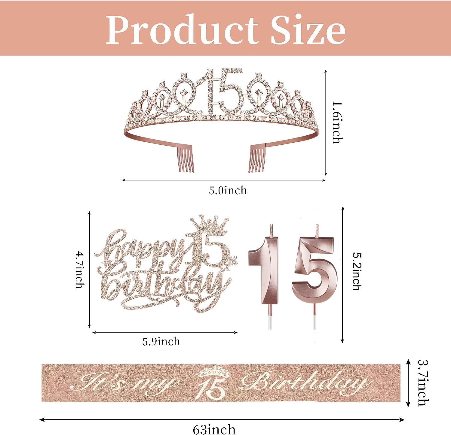 15th Birthday Decorations for Girls, Including Sash, Crown/Tiara, Candles, Cake Toppers. 15th Birthday Gifts for Girls