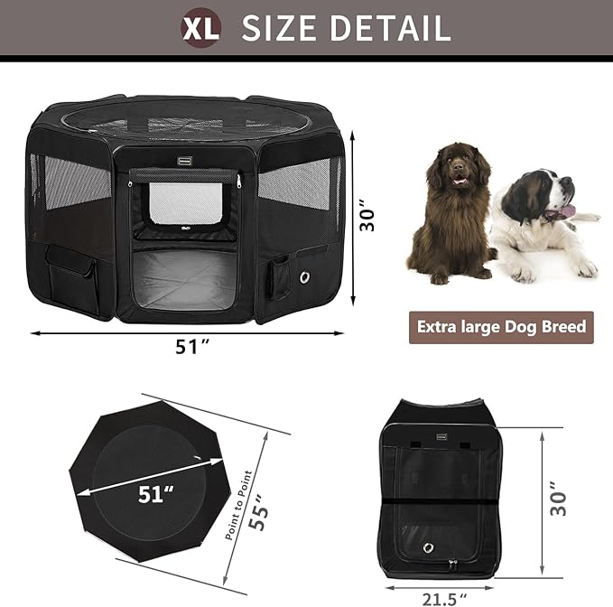 DONORO Dog Playpen Portable Pet Play Pens for Small Dog/Cat/Rabbit/Chicks, Cat Playpen Indoor/Outdoor with Carring Case, Removable Zipper Top and Bottom (Black, Extra Large (55"x55"x30"), 8)-PawvioPets