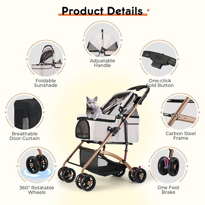 3-in-1 Foldable Pet Stroller for Medium Dogs & Cats (50lbs) - Detachable Carrier, Car Seat, Storage Basket, 5" Lockable Wheels-PawvioPets