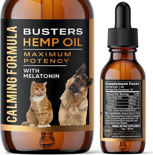 Busters Calming Hemp Oil, Enriched with Melatonin for Dogs, Cats, Pets, Sleep, WEL Being and an Ideal Omega Ratio, Adrenal and Cushings Support-PawvioPets