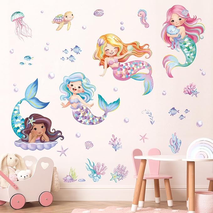 decalmile Under The Sea Mermaid Wall Decals Ocean Fish Starfish Turtle Wall Stickers Baby Nursery Girls Bedroom Bathroom Wall Decor-PawvioPets