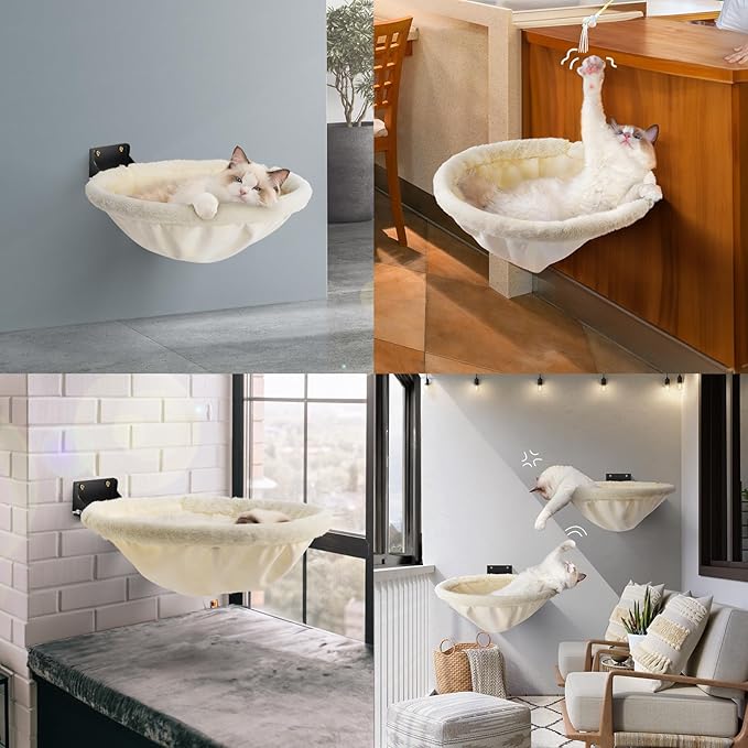 Cat Hammock Wall Mounted, Foldable & Stable Cat Beds- Breathable Cats Wall Shelves for Sleeping, Playing, Climbing, and Lounging - Maximum Hold Up to 30lb（Cream,Faux Rabbit Fur）-PawvioPets