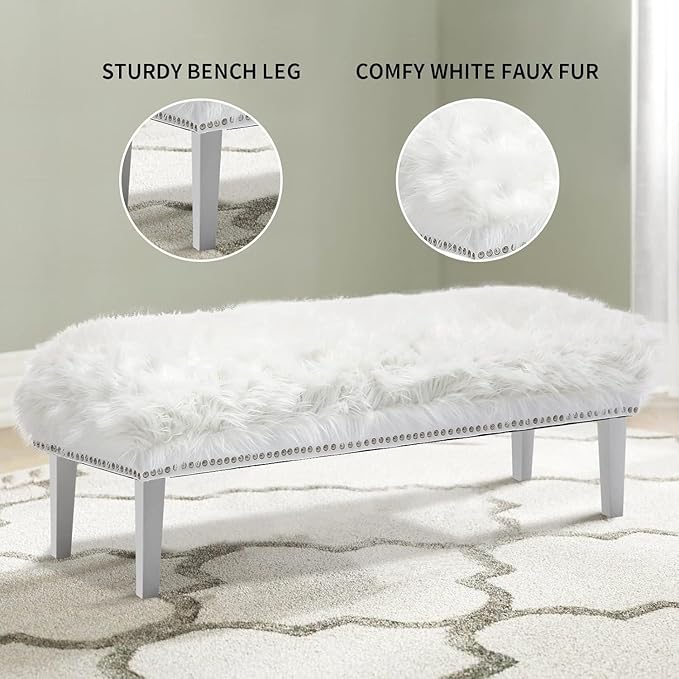 46 Inch White Bedroom Bench, Modern Multi-Purpose Bench with Wooden Legs, White Faux Fur Upholstered Bench for Bedroom, Living Room, or Entryway-PawvioPets